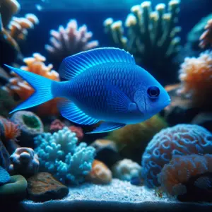 Blue Chromis in a tranquil aquarium setting.