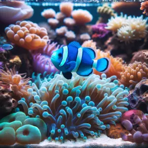 A blue clownfish with striking white stripes swims through a colorful array of sea anemones in a well-maintained home aquarium."