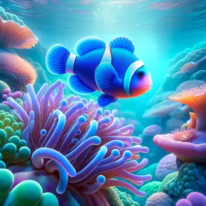 A single blue clownfish with white stripes swimming above a vibrant sea anemone in a dreamlike underwater setting.