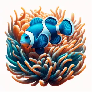 A blue clownfish with bright stripes swims through the swirling peach fronds of a sea anemone in a tranquil underwater scene.