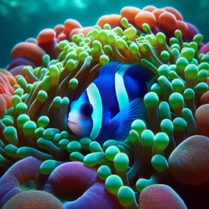 A shy blue clownfish with vivid stripes peeks out from the protective fronds of its green and purple sea anemone home.