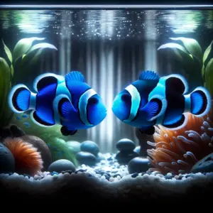 Two blue clownfish with striking white stripes face each other, symmetrically positioned against a backdrop of aquarium greenery and rocks.