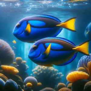 Two blue tang fish, with striking electric blue bodies and bold yellow fins, swim side by side among the coral, suggesting a mating dance."