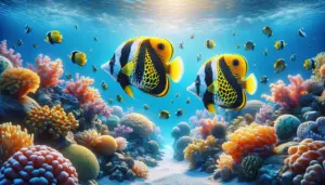 Two saltwater butterfly fish with yellow, black, and white patterns swim in unison among a vibrant coral reef in an aquarium.