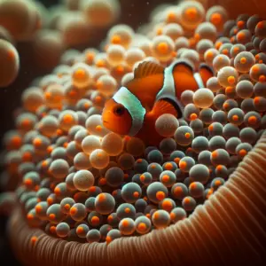 Close-up of numerous small orange clownfish eggs attached to a surface in an aquarium, with a protective parent clownfish nearby
