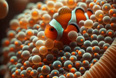 Close-up of numerous small orange clownfish eggs attached to a surface in an aquarium, with a protective parent clownfish nearby