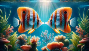 Two copperbanded butterfly fish with vivid orange stripes are nose to nose amidst a blurred backdrop of aquarium coral and plants.