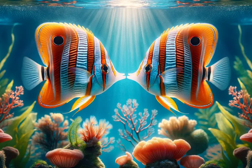 Two copperbanded butterfly fish with vivid orange stripes are nose to nose amidst a blurred backdrop of aquarium coral and plants