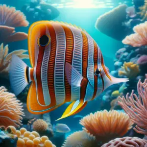 A Copperband Butterflyfish with distinctive bands glides among coral reefs in a sunlit underwater scene.
