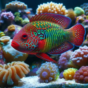 A Ruby-Head Fairy Wrasse with a striking red head and green-patterned body swims through a vibrant coral-filled aquarium.