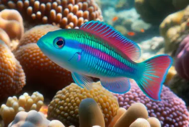 Vibrant Fairy Wrasse with hues of blue, green, red, and purple, swimming gracefully near coral reefs in a tropical ocean, embodying the playful and peaceful spirit of its species.