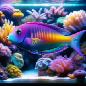 A Lubbock's Fairy Wrasse displays stunning purple, pink, yellow, and blue hues, swimming in a vibrant aquarium full of diverse corals.