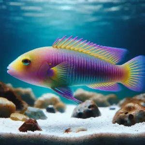 A Lubbock's Fairy Wrasse with a gradient of purple, pink, yellow, and blue hues swims above the sandy bottom of a serene aquarium.