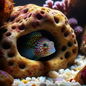 A colorful Fairy Wrasse shyly peeks out from a spacious hollow in a brown mottled aquarium rock, its eyes full of curiosity."