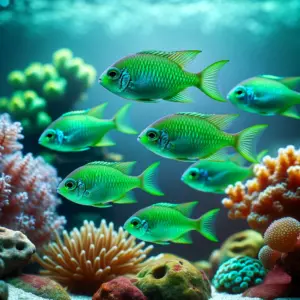 A school of five Green Chromis fish swimming among coral and rocks in a well-lit home aquarium, showcasing their bright green scales and streamlined bodies.