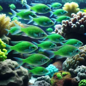 A school of Green Chromis fish with elongated bodies and V-shaped tails swimming among coral and rocks in a brightly lit home aquarium, displaying their vibrant green color.